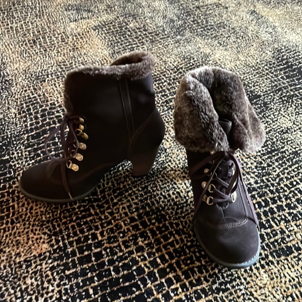 Indigo brown suede booties with stacked heel